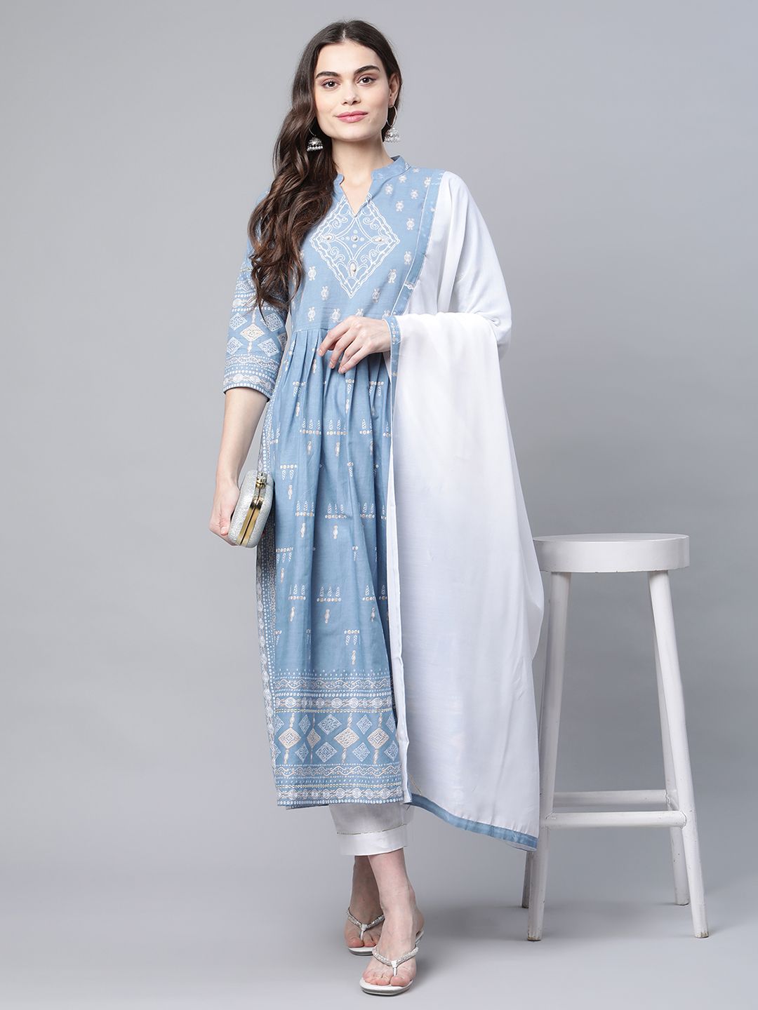 Pastel Blue Pure Cotton Printed Kurta Pant Set With Dupatta