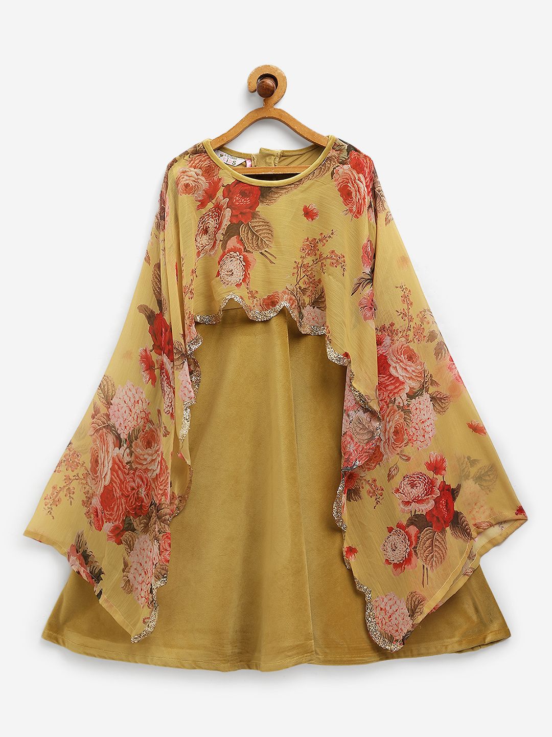 Mustard Floral Printed Velvet Girls Dress With Attached Dupatta