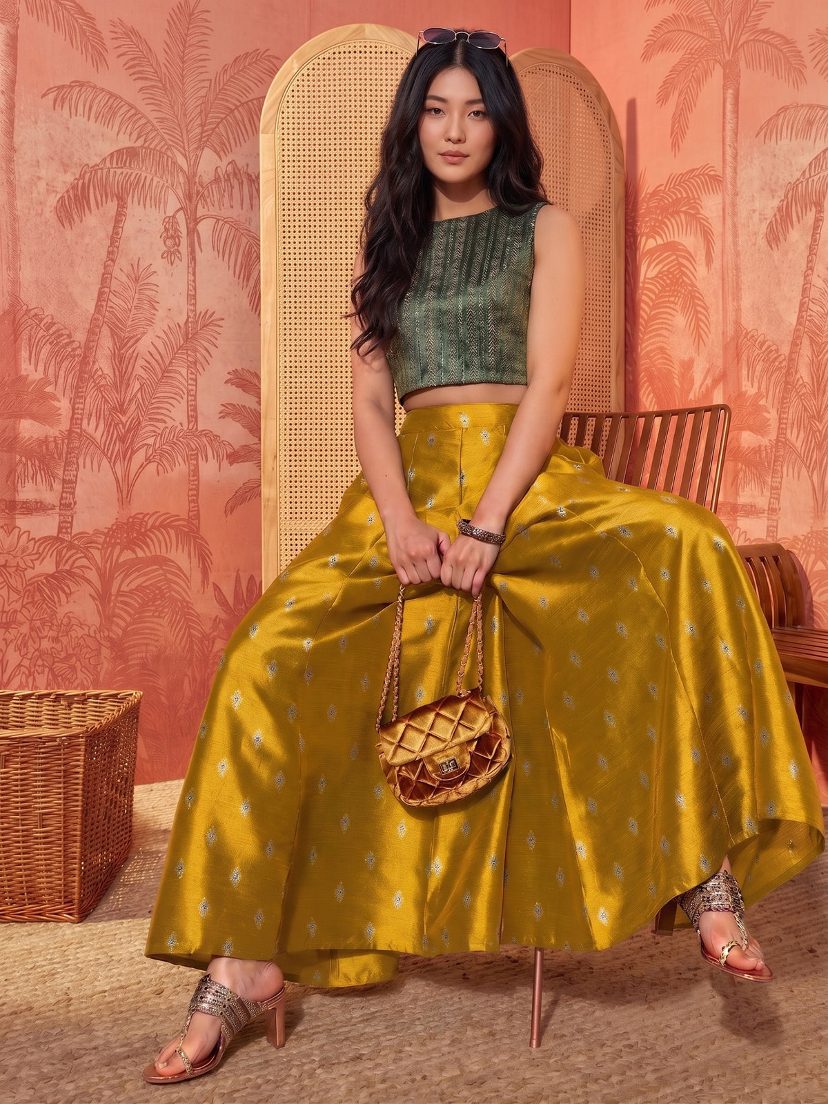 Printed Round Neck Top With Palazzos Co-Ords