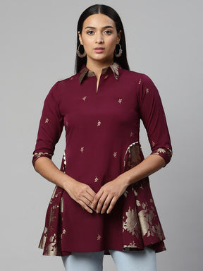 Ahalyaa Burgundy & Gold-Toned Shirt Collar Printed Tunic