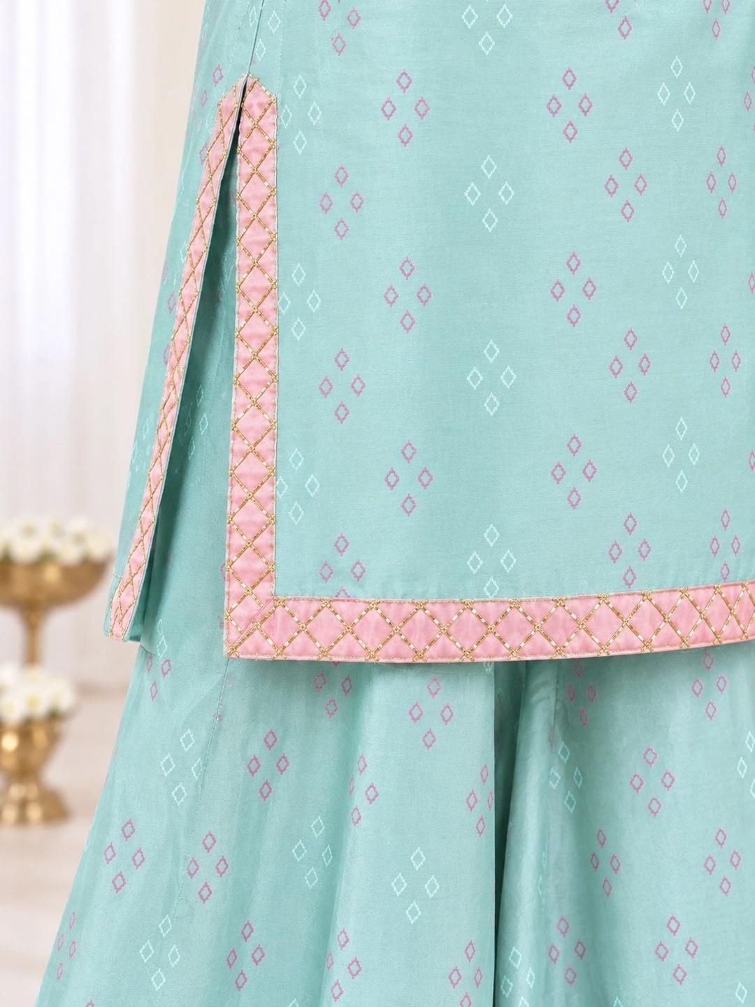 Ahalyaa Printed Kurta with Sharara & Dupatta - Sea Green