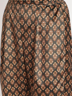 Ahalyaa Women Cream-Coloured & Black Printed Velvet Kurta with Trousers