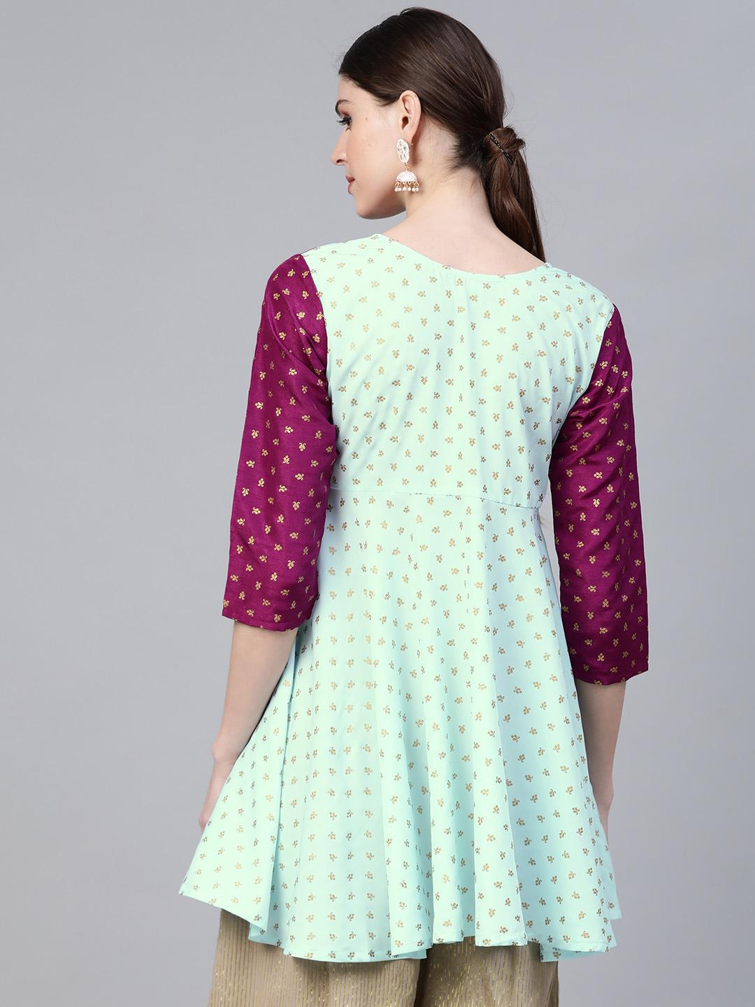 Ahalyaa Ethnic Motifs Printed Gotta Patti Pleated Kurti - Sea Green