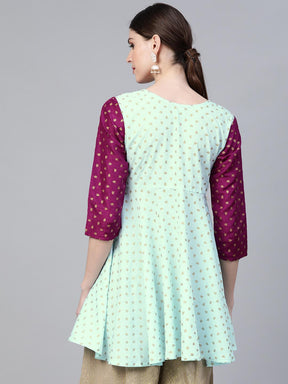 Ahalyaa Ethnic Motifs Printed Gotta Patti Pleated Kurti - Sea Green