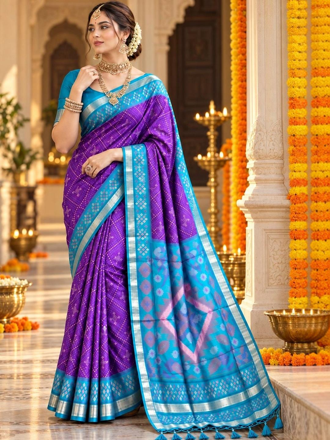 Ahalyaa Woven Design Zari Silk Blend Pochampally Saree - Purple