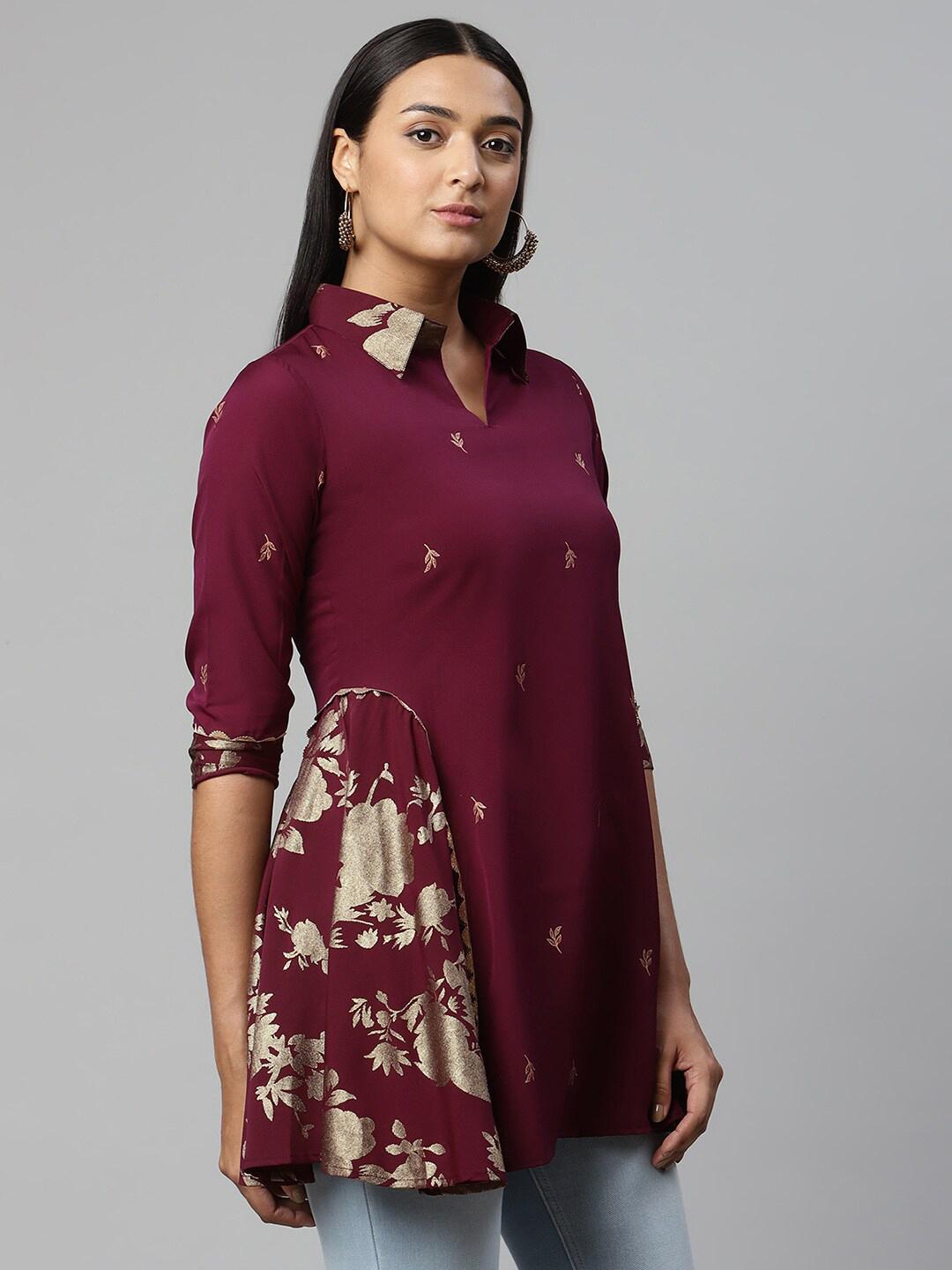 Ahalyaa Burgundy & Gold-Toned Shirt Collar Printed Tunic