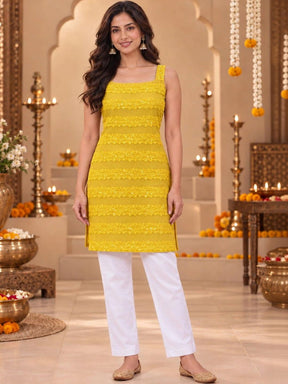Ahalyaa Floral Embellished Square Neck Sequinned Kurti - Yellow