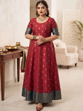 A PLUS BY AHALYAA Printed Round Neck A-Line Maxi Dress - Maroon