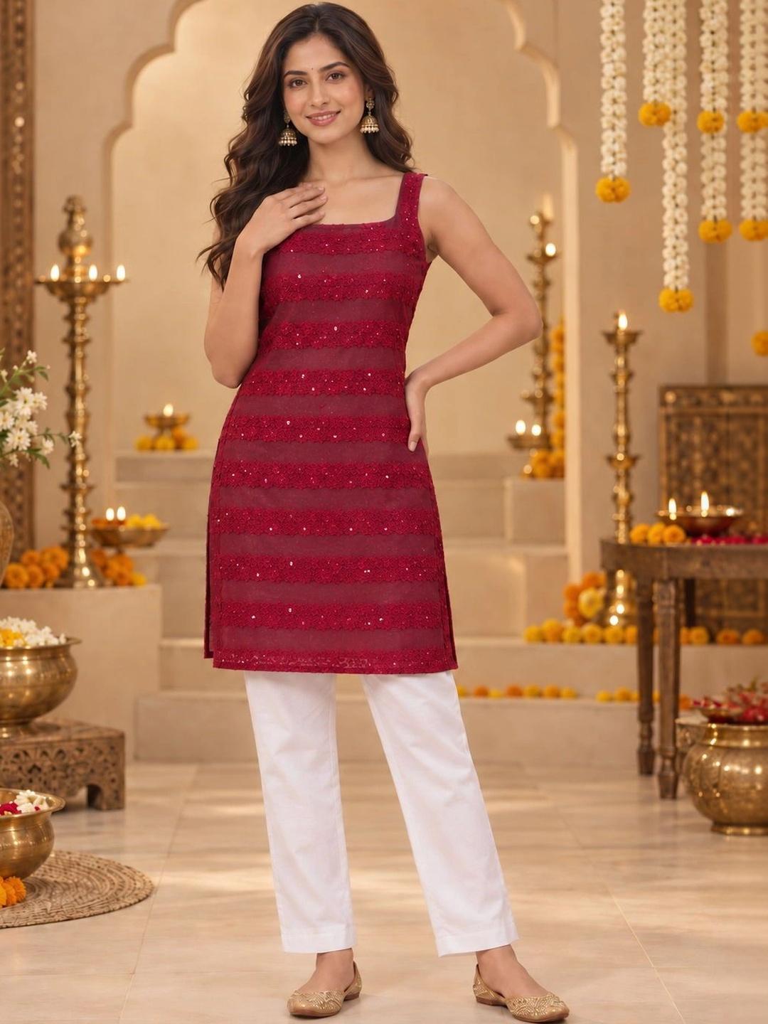 Ahalyaa Embellished Square Neck Sequinned Kurti - Maroon