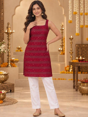 Ahalyaa Embellished Square Neck Sequinned Kurti - Maroon