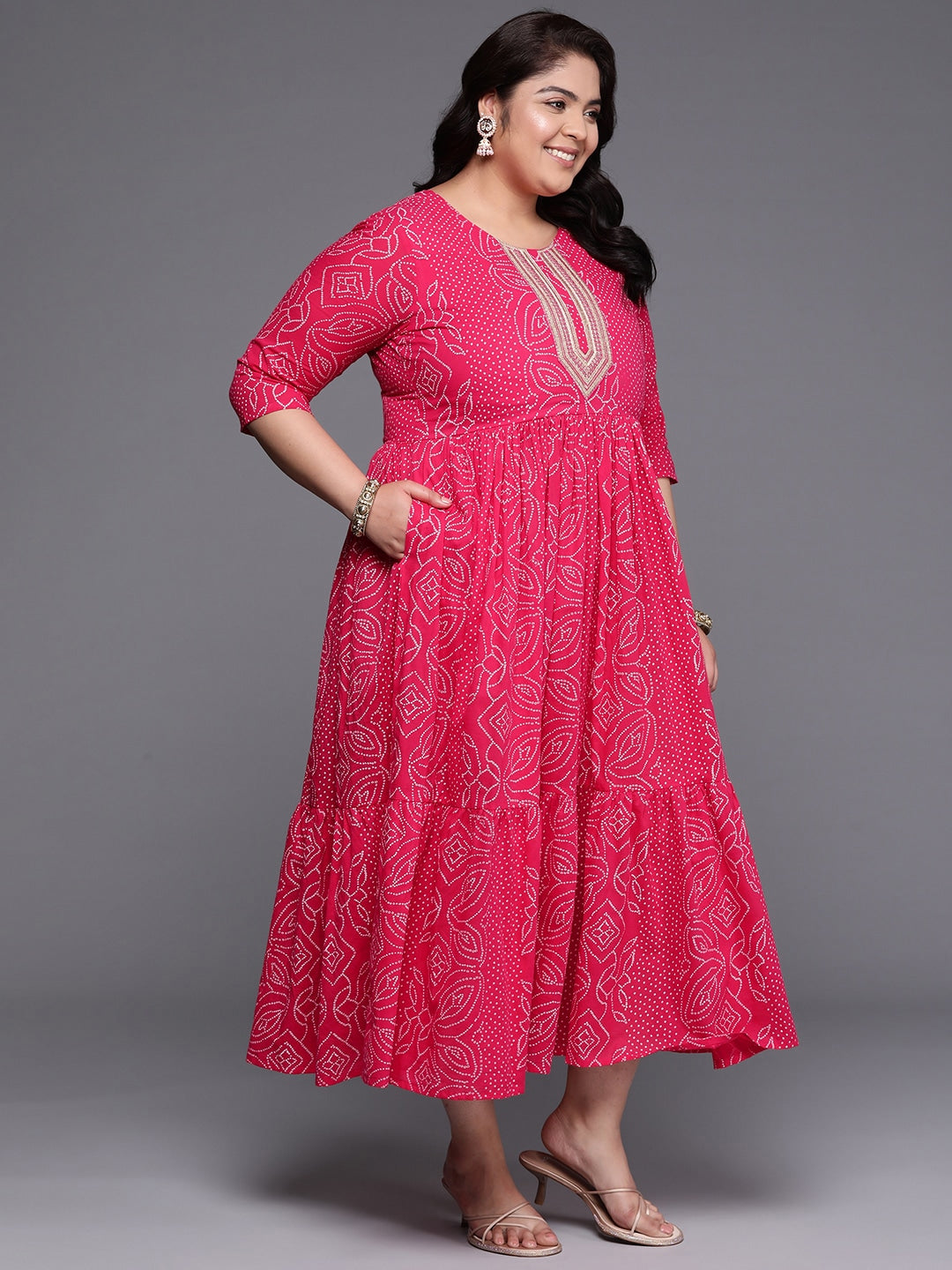 Plus Size Printed Fit & Flare Midi Ethnic Dress Plus Size Printed Fit & Flare Midi Ethnic Dress
