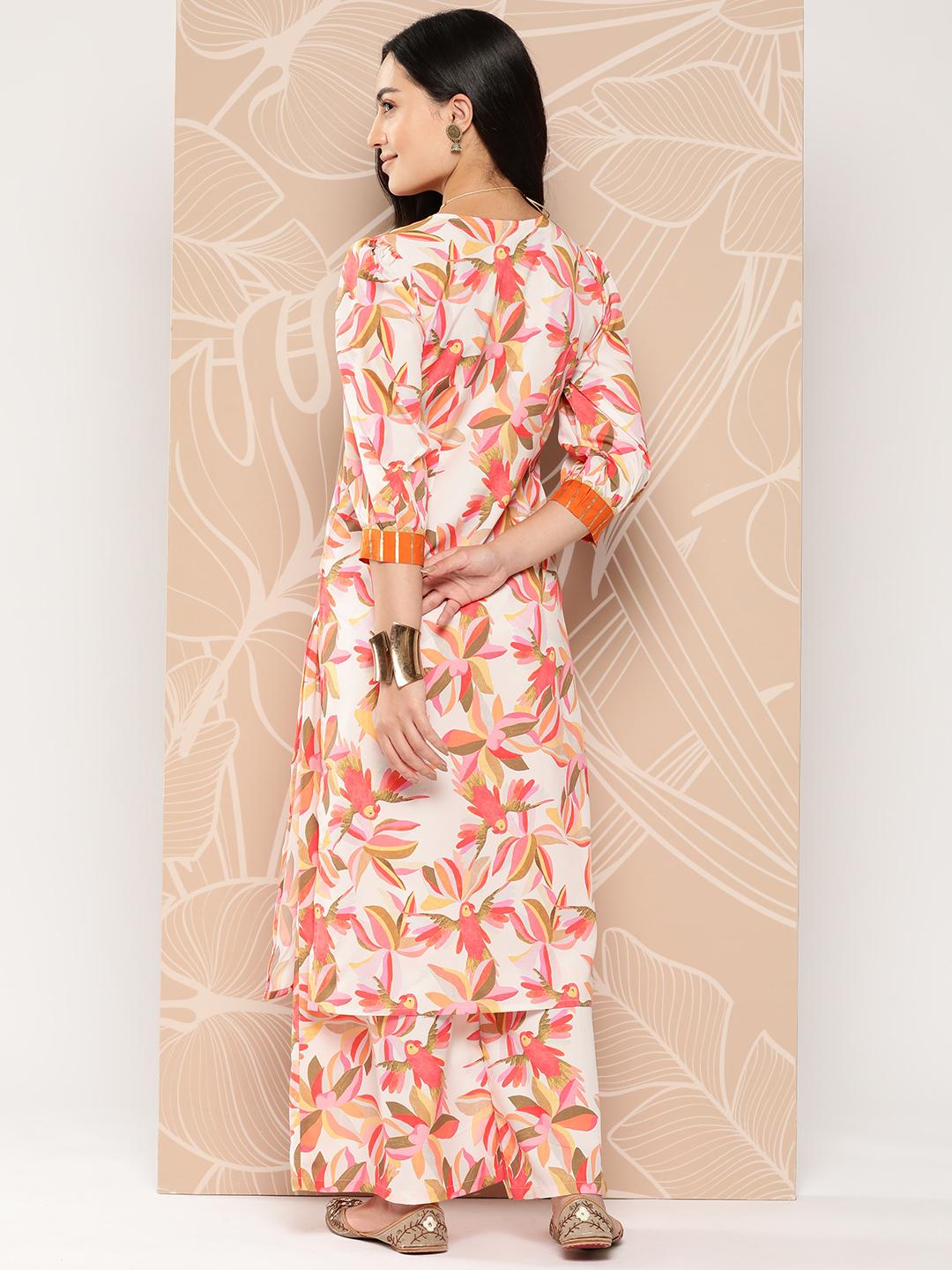 Ahalyaa Floral Printed Regular Gotta Patti Kurta with Palazzos - Off White