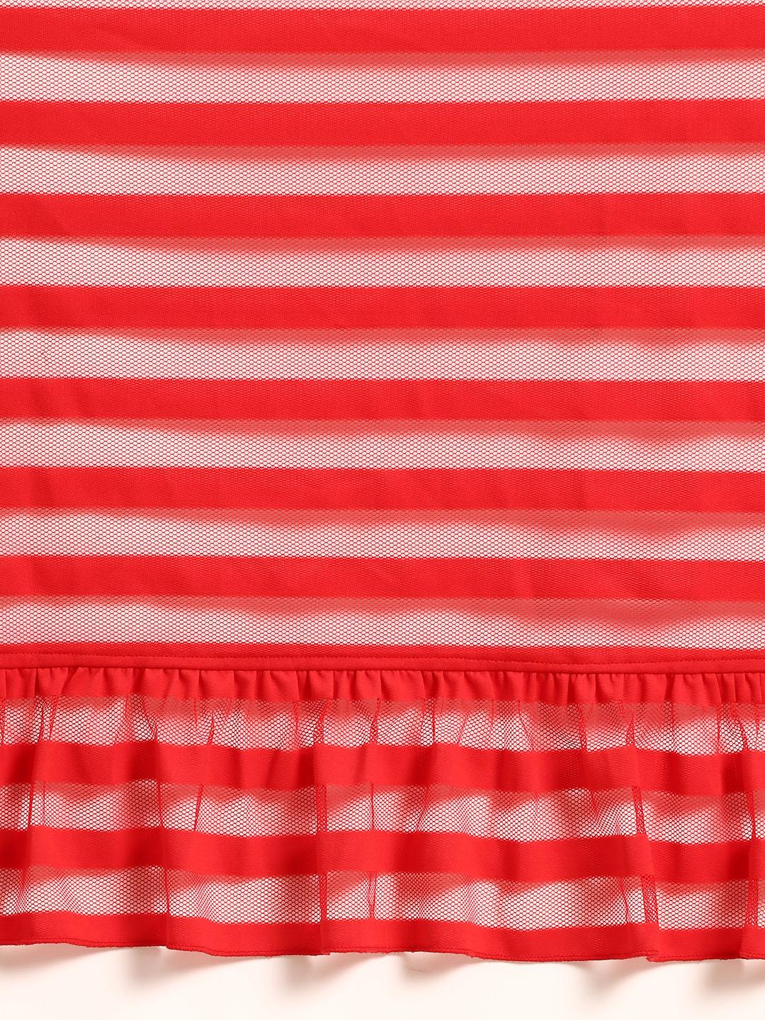 Ahalyaa Striped Net Ready To Wear Saree with Stitched Blouse - Red