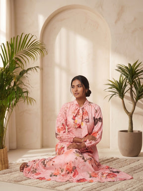 Printed Tie-Up Neck Fit and Flare Maxi Dress