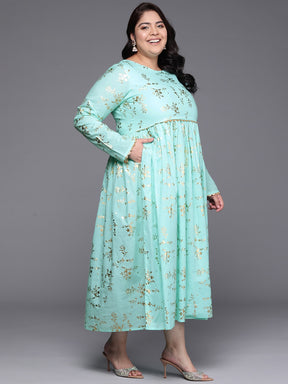 Plus Size Floral Printed Midi Pure Cotton Ethnic Dress with Dupatta