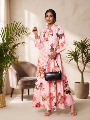 Printed Tie-Up Neck Fit and Flare Maxi Dress