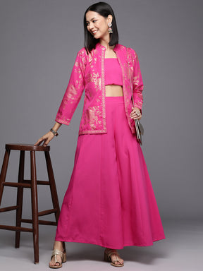 Pink Solid Crop Top with Palazzos and Printed Shrug
