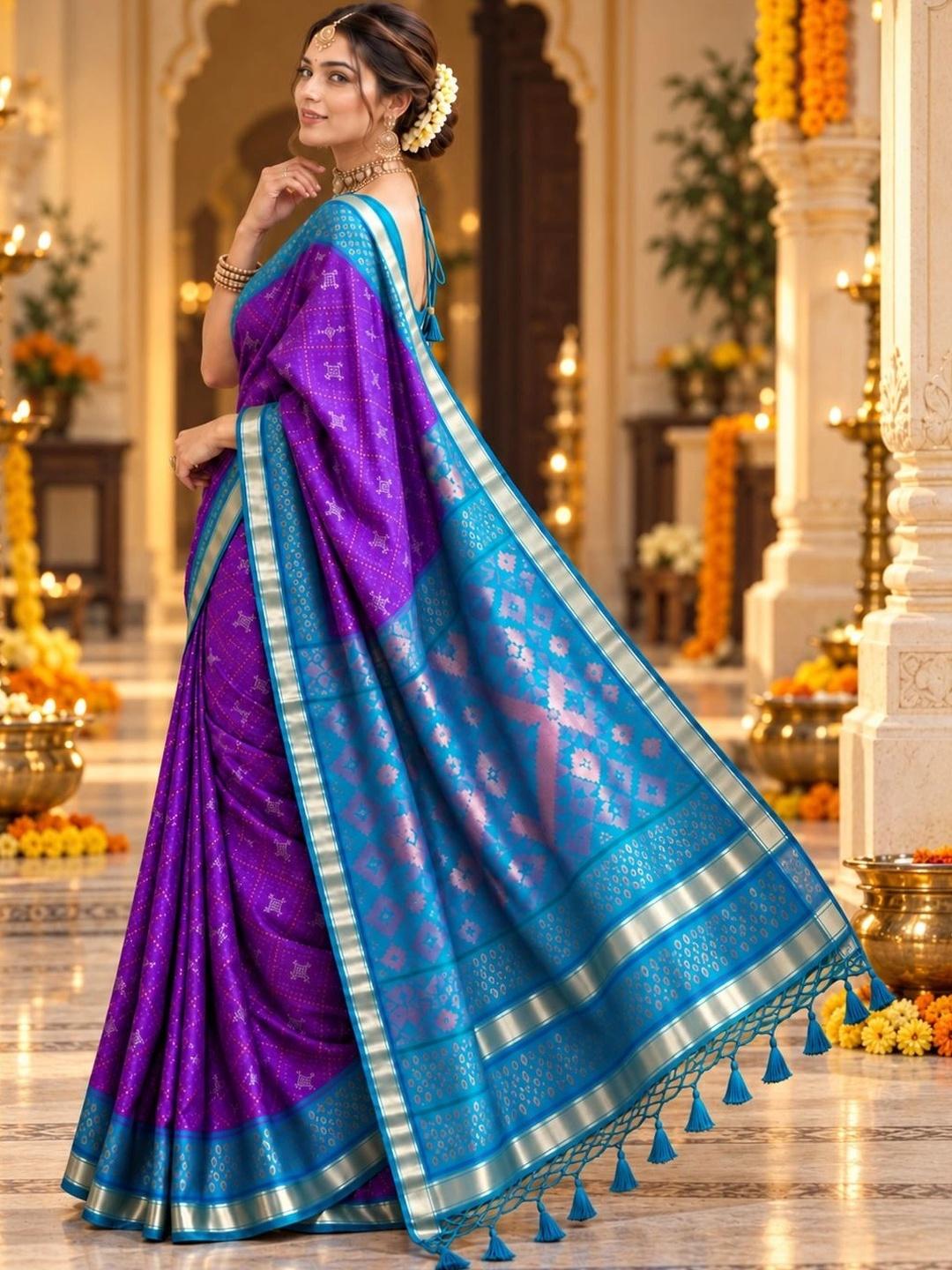 Ahalyaa Woven Design Zari Silk Blend Pochampally Saree - Purple