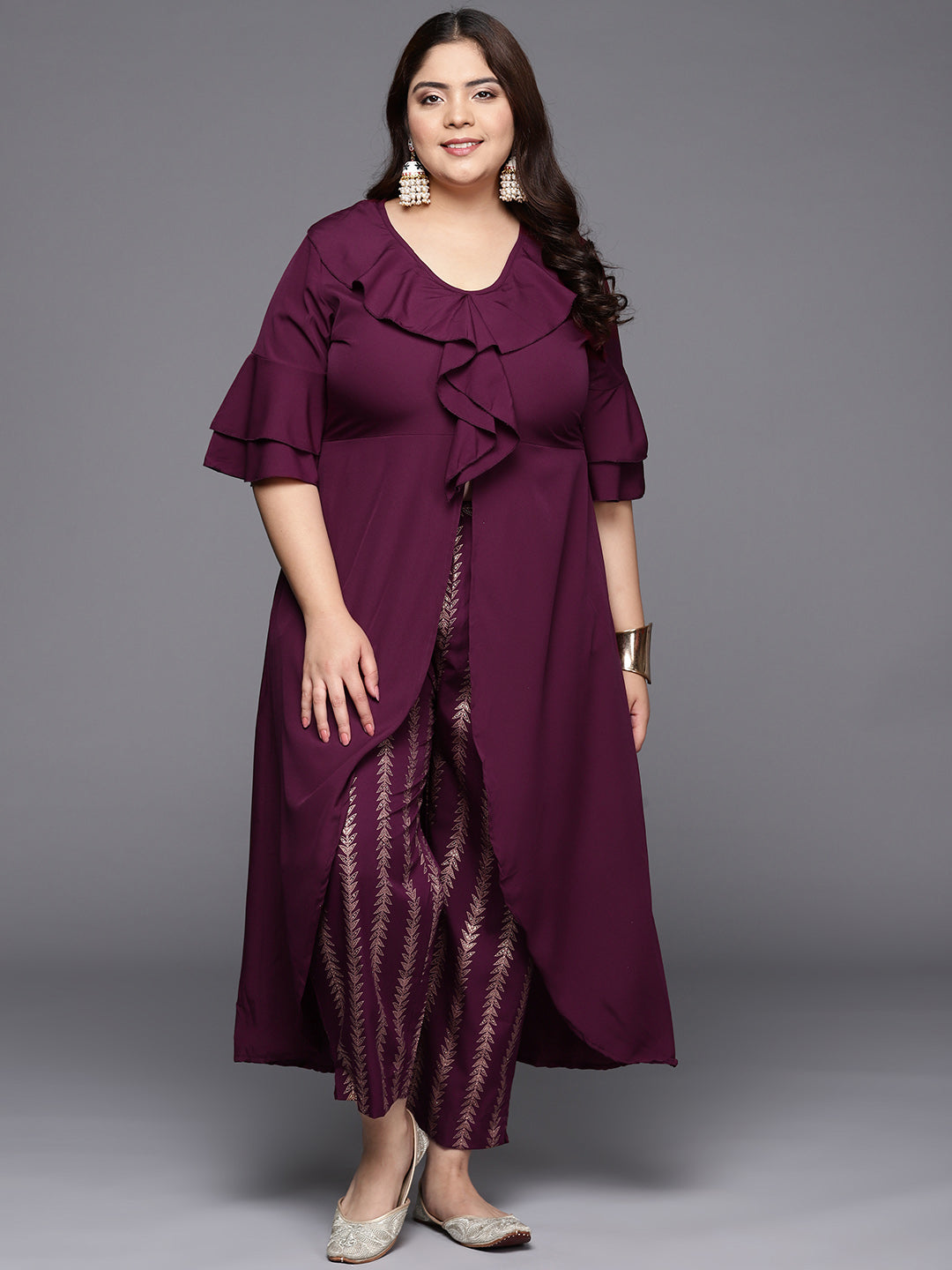 Burgundy Plus Size Tunic with Printed Trousers
