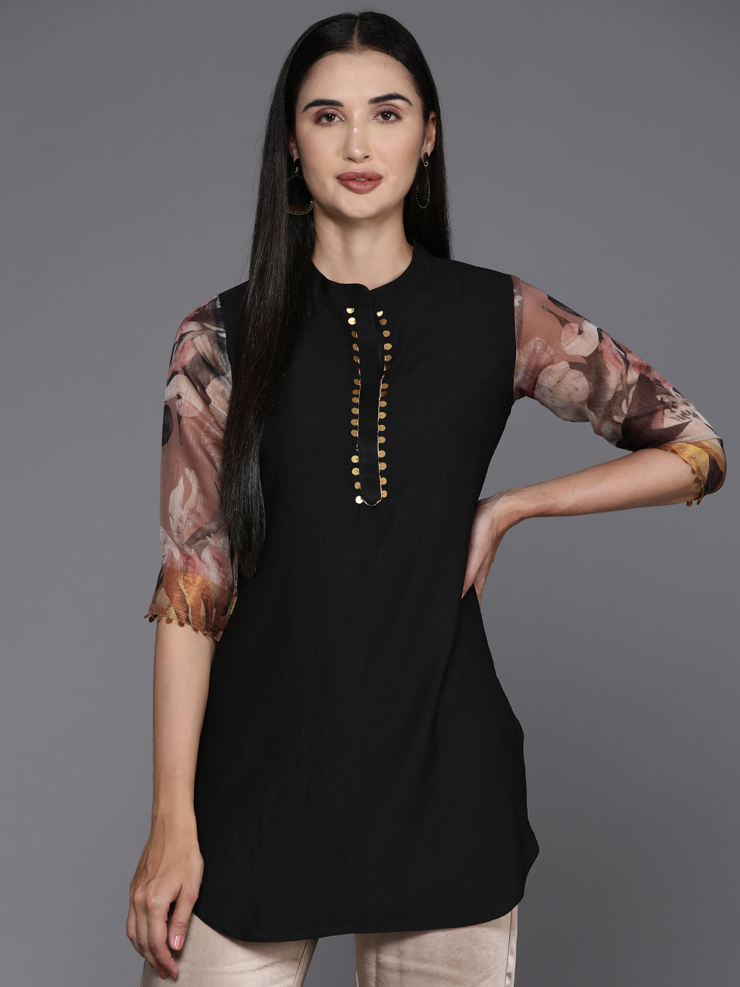 Ahalyaa Mandarin Collar Printed Sequinned Tunic