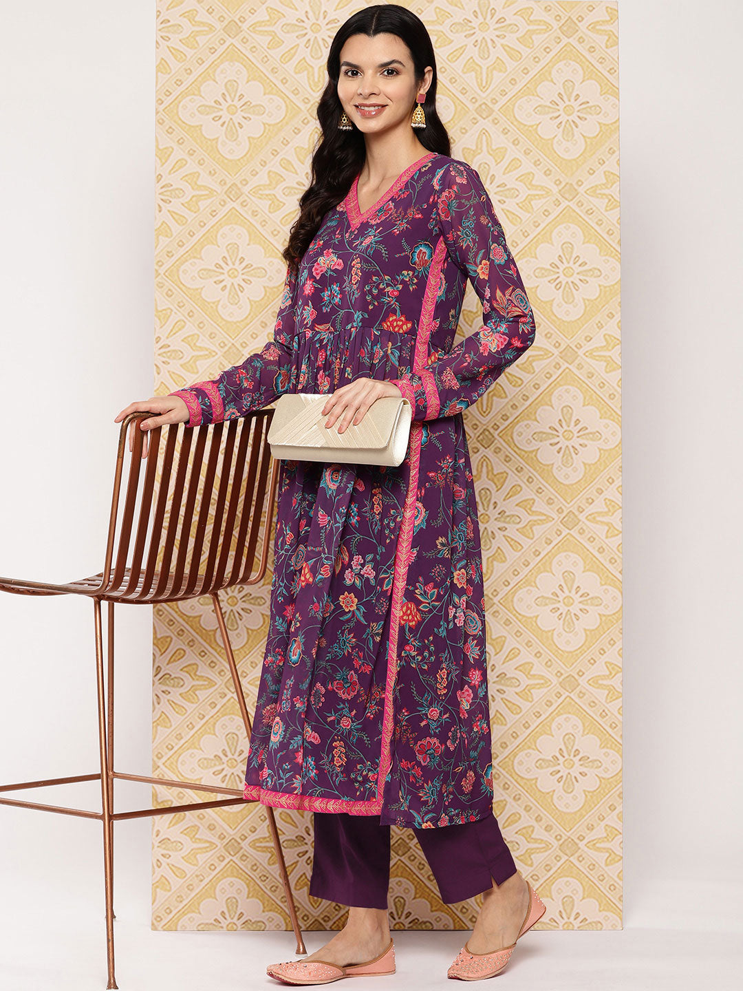 Purple Floral Printed Layered Kurta with Trousers