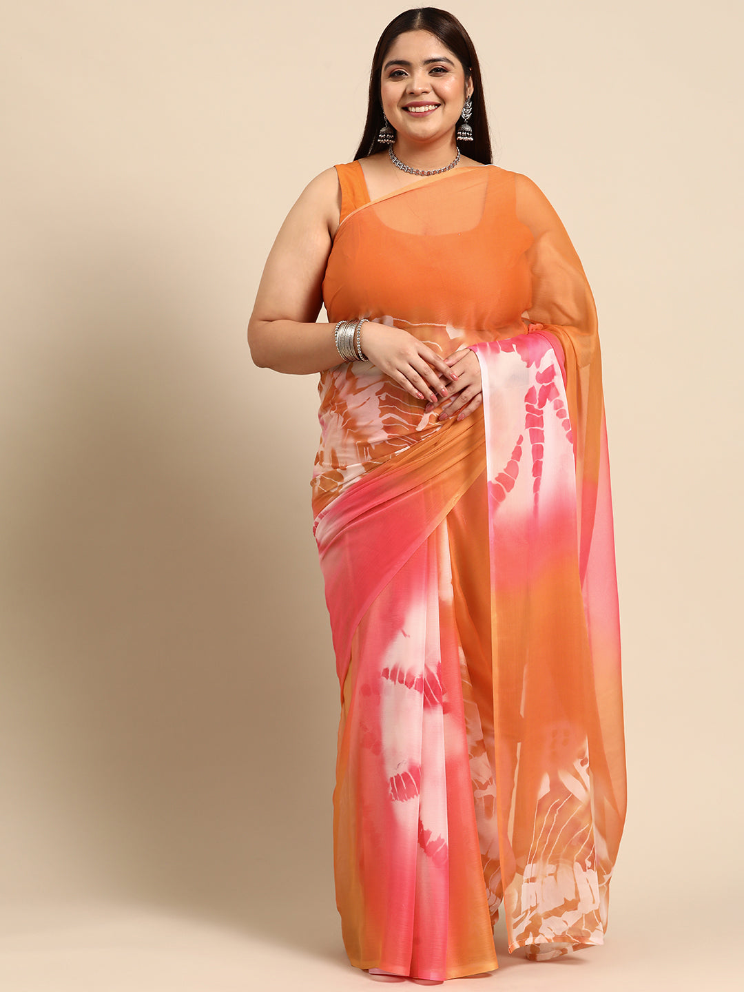 Orange & Pink Plus Size Tie and Dye Poly Chiffon Saree