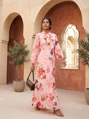 Printed Tie-Up Neck Fit and Flare Maxi Dress