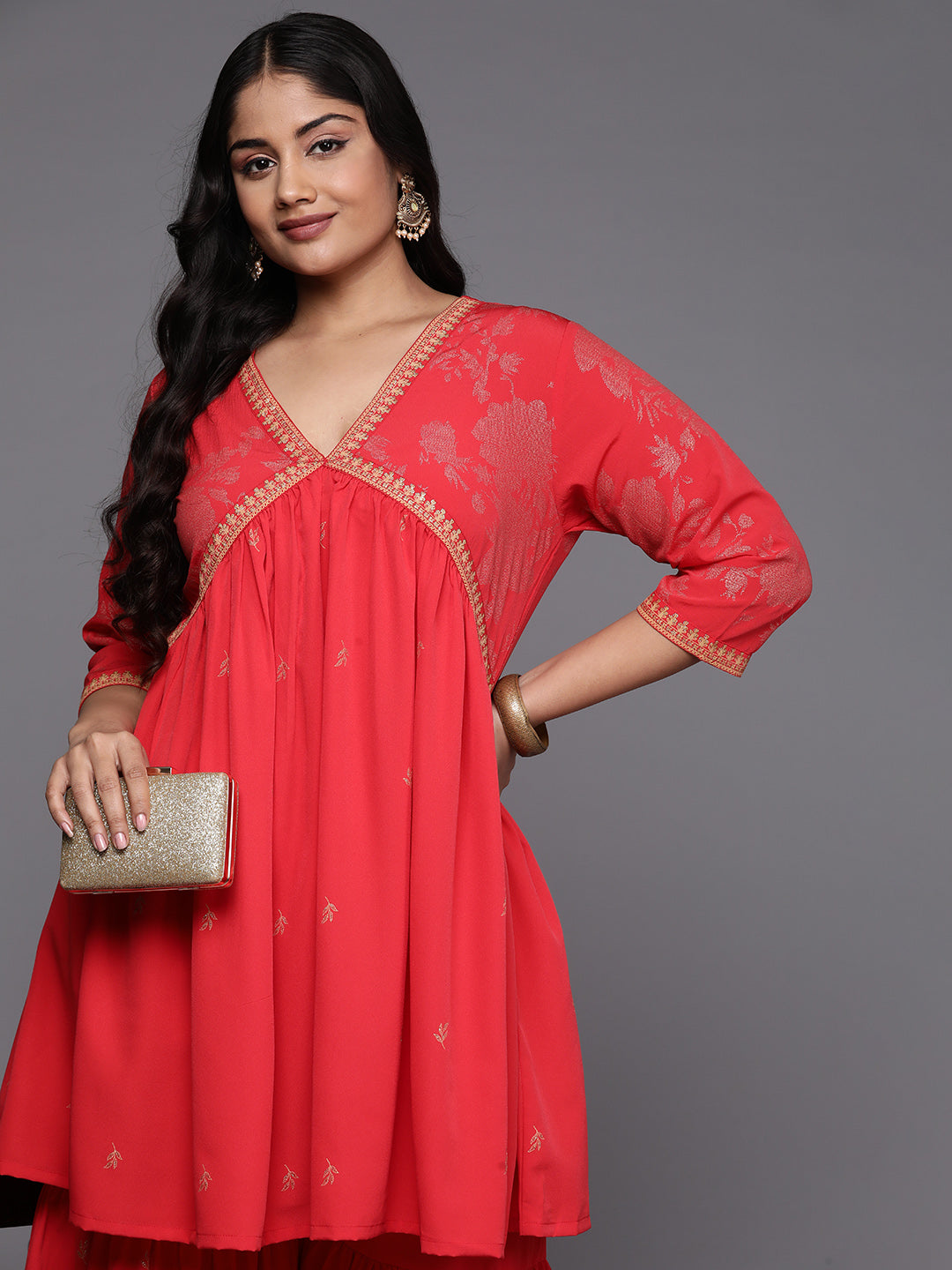 Red & Gold Plus Size Printed Ethnic Co-Ords