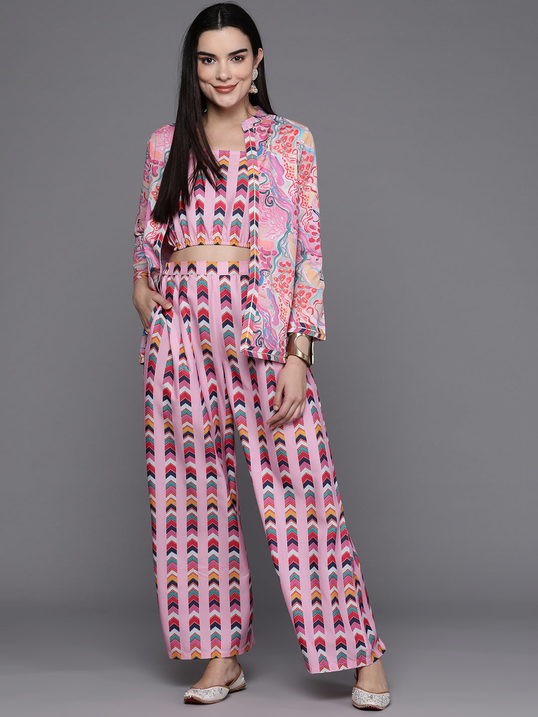 Women Printed Crop Top with Palazzos & Jacket