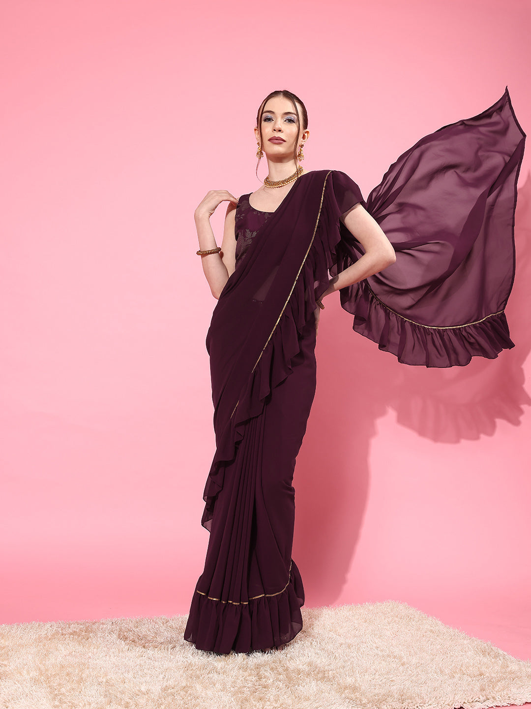 Burgundy Ruffled Poly Georgette Ready to Wear Saree