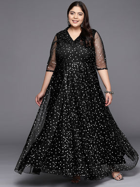 Black & Silver Plus Size Printed Maxi Ethnic Dress