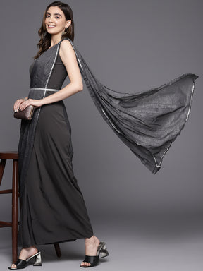 Grey Abstract Print Layered Ethnic Dress