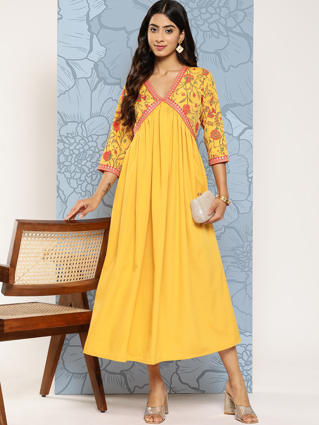 Yellow Floral Print Empire Midi Ethnic Dress