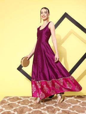 Purple Poly Silk Printed Maxi Dress