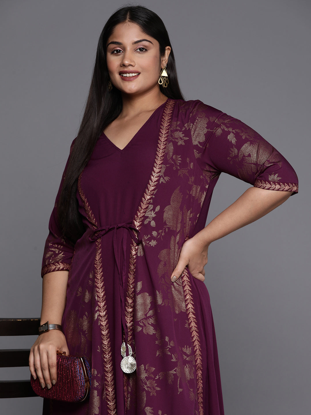 A PLUS BY AHALYAA Plus Size Floral Print Crepe Layered A-line Maxi Ethnic Dress