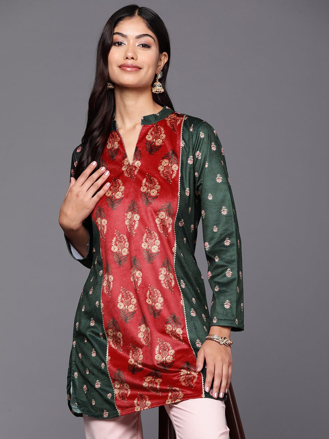 Green & Red Printed Velvet Tunic