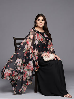 Black & Pink Plus Size Maxi Ethnic Dress with Cape
