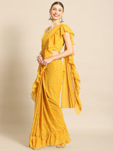 Yellow & Gold Toned Printed Ready To Wear Ruffles Saree