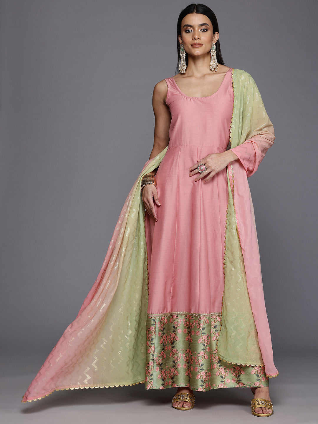Floral Print Ethnic Dress With Dupatta