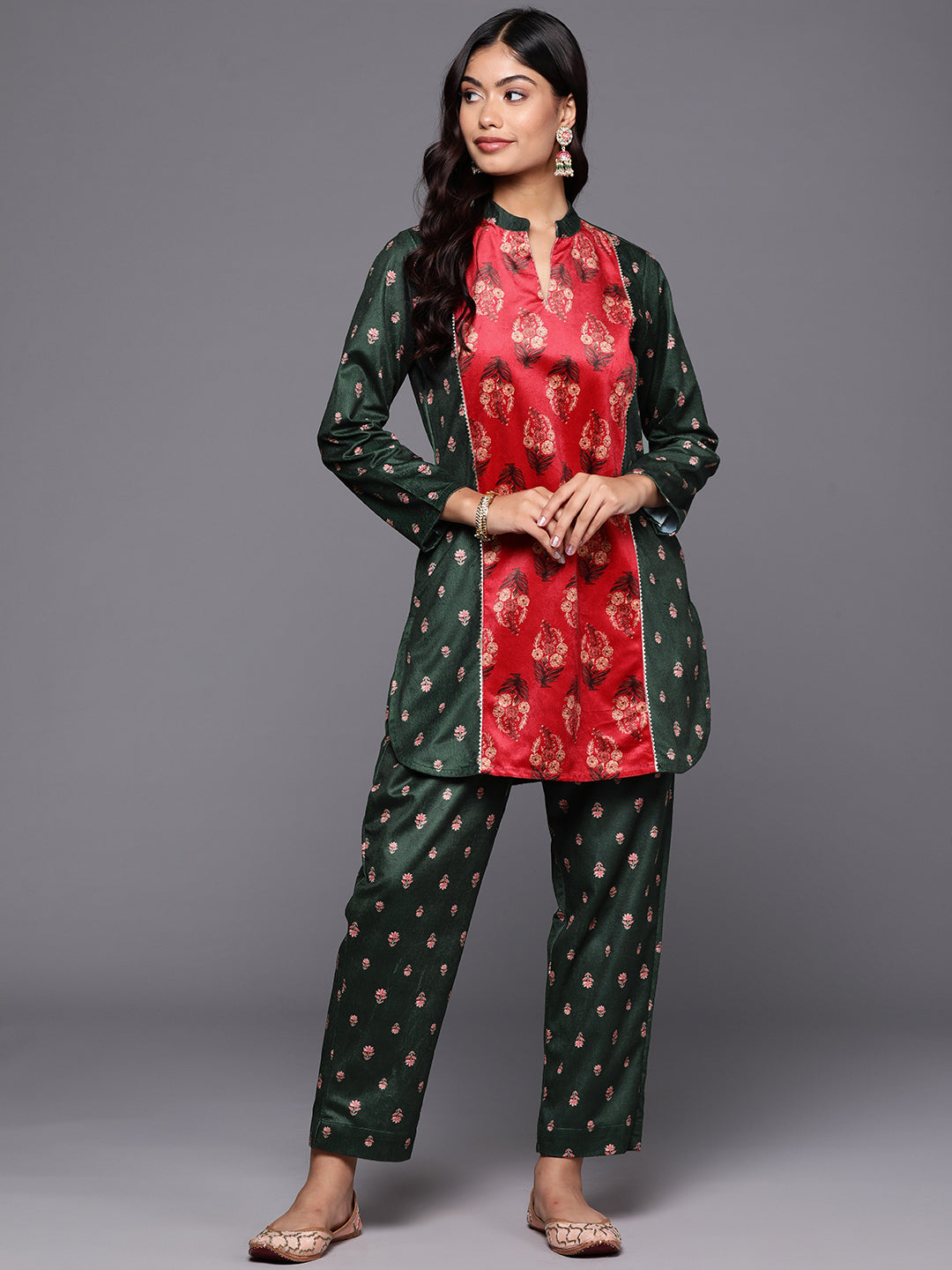 Green & Coral Printed Velvet Tunic with Trousers with Gotta Patti Detail