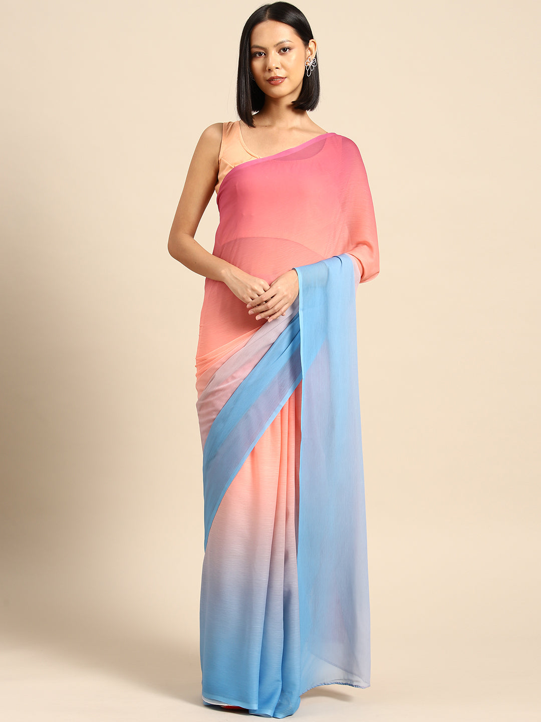 Pink & Blue Ombre Dyed Poly Chiffon Saree