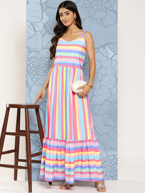 Pink & Blue Striped Maxi Ethnic Dress