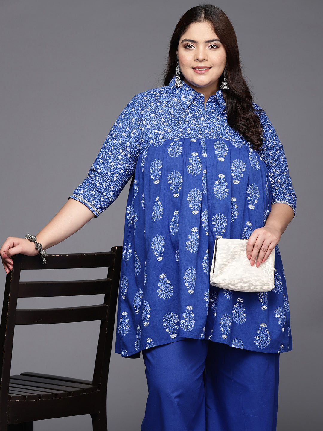 Blue Printed Plus Size Cotton Tunic with Palazzos