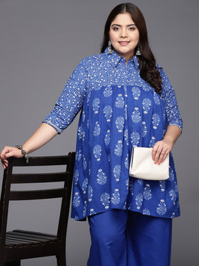 Blue Printed Plus Size Pure Cotton Tunic with Palazzos