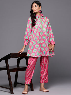 Pink & Sea Green Printed Velvet Tunic & Trousers