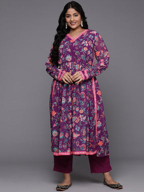 Plus Size Floral Printed High Slit Kurta with Trousers