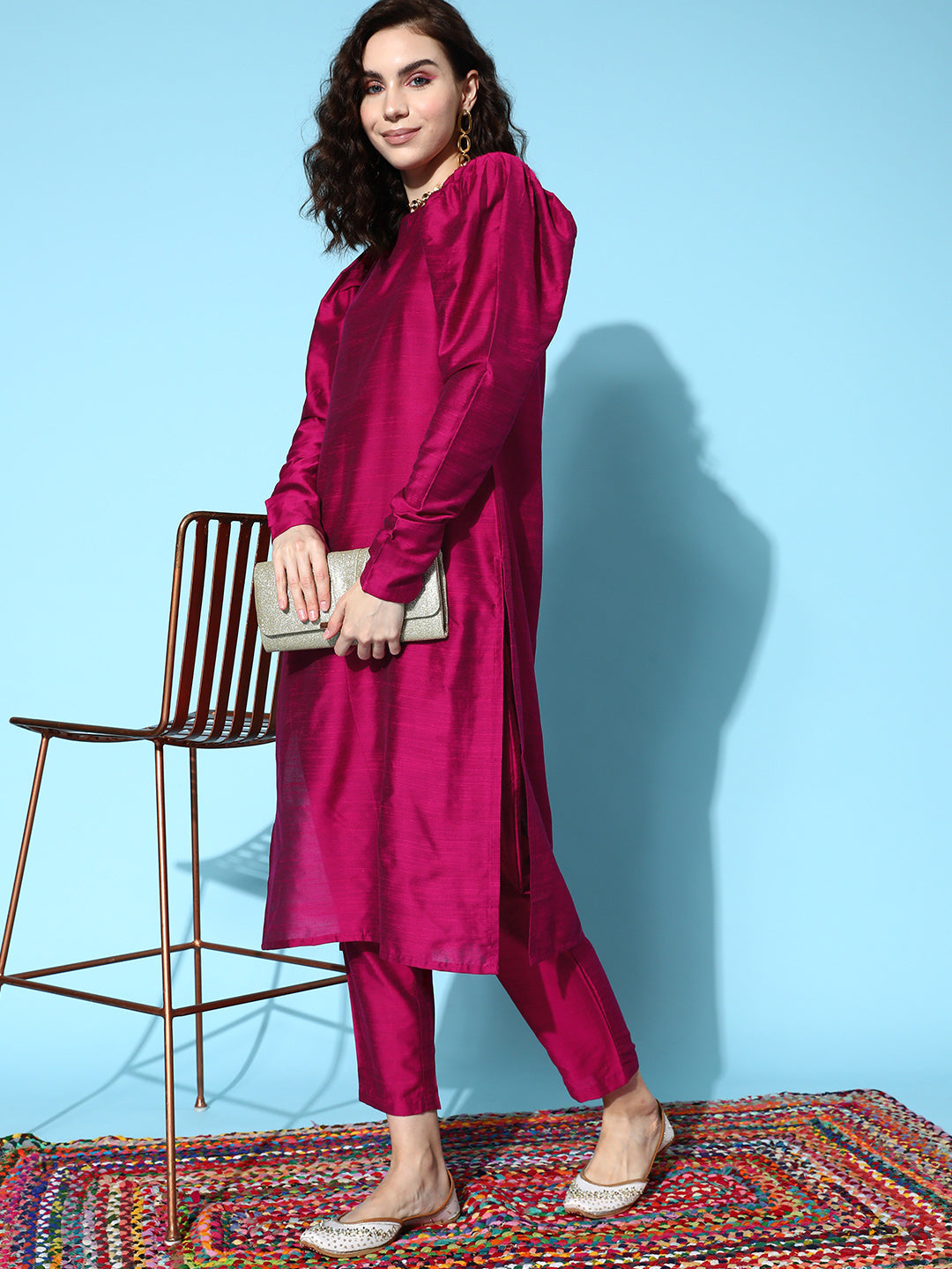 Burgundy Solid Straight Kurta with Trousers