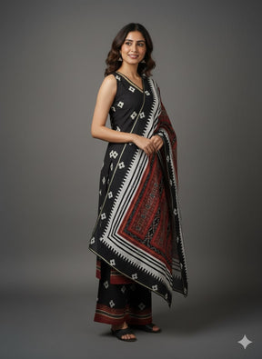Geometric Printed V-Neck Sleeveless Straight Kurta With Palazzos & Dupatta