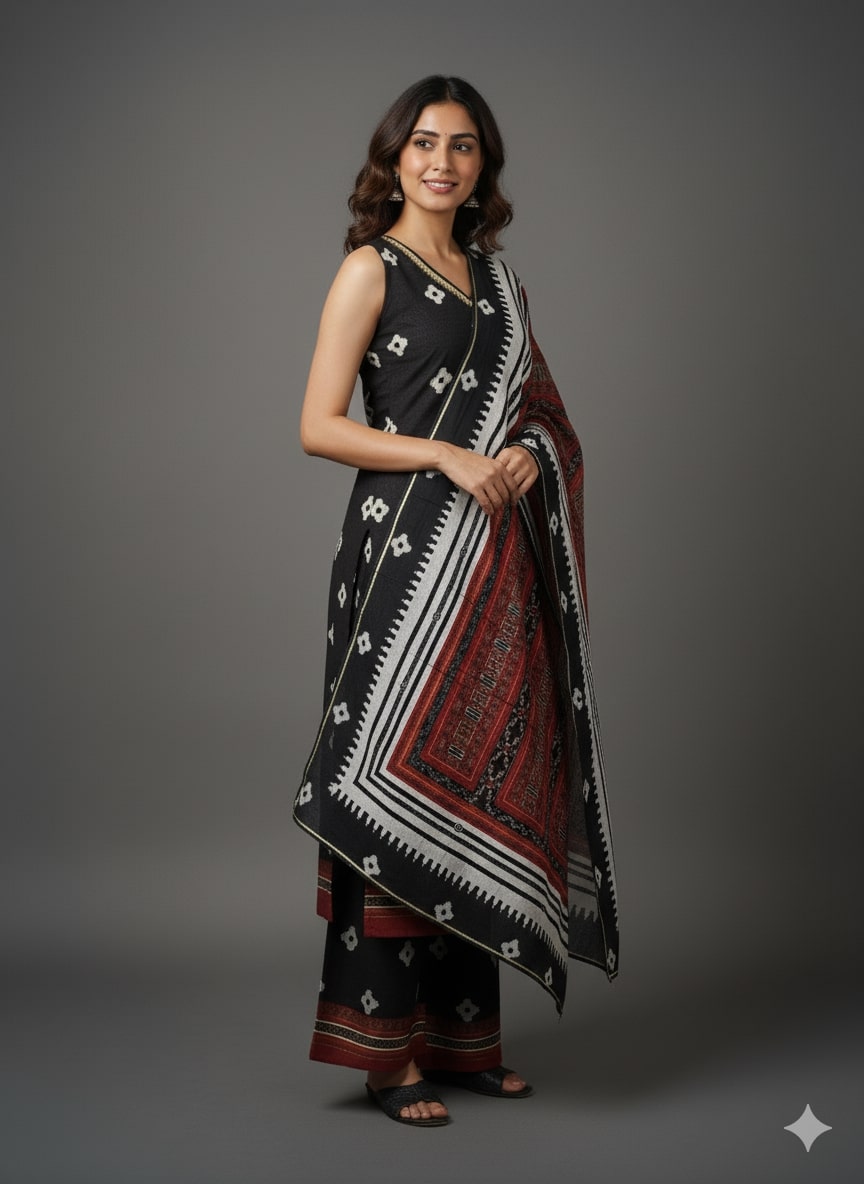Geometric Printed V-Neck Sleeveless Straight Kurta With Palazzos & Dupatta