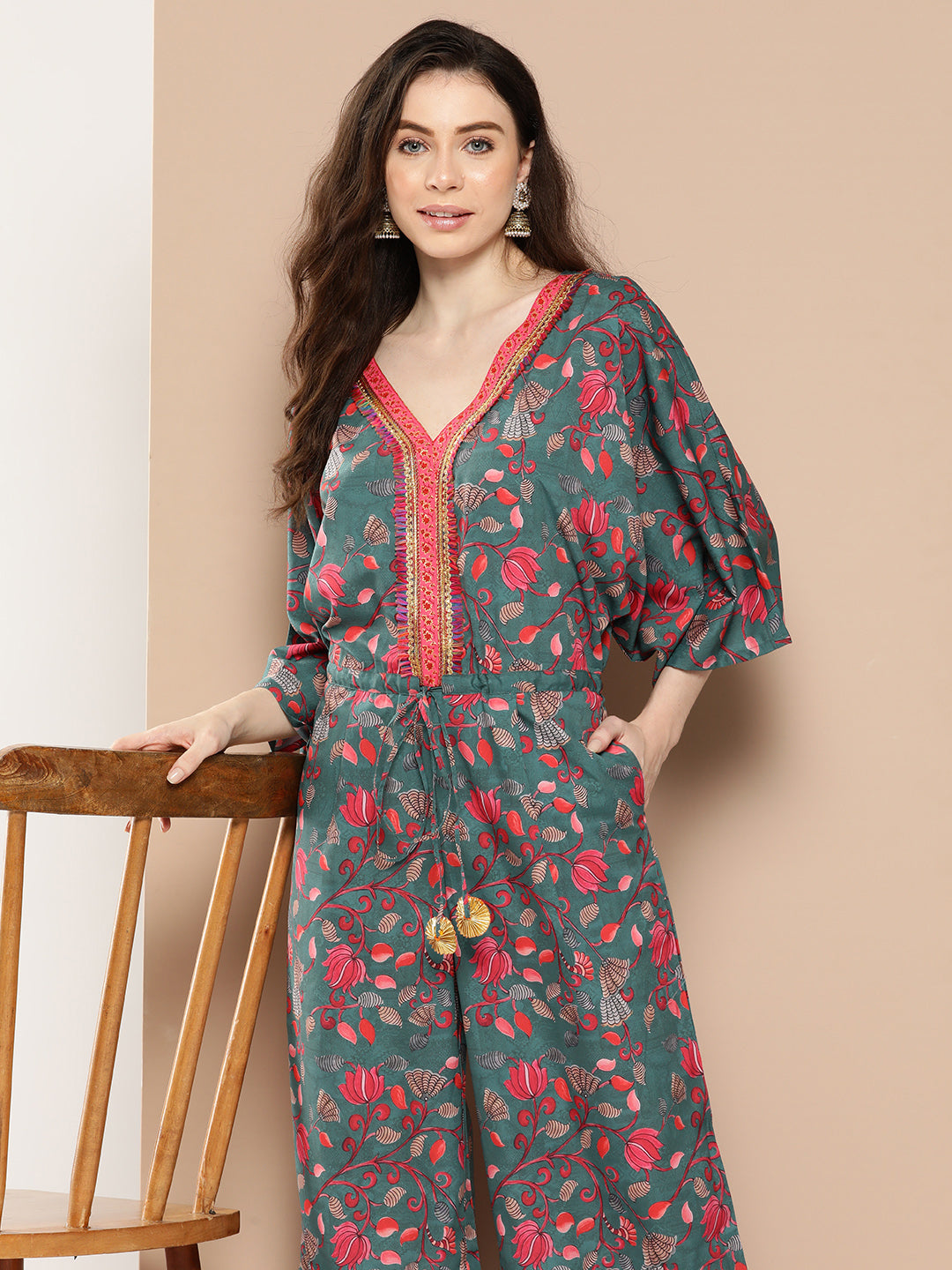 Ahalyaa Printed Basic Jumpsuit with Lace Inserts